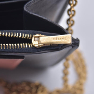 $1200 CELINE Smooth Calfskin Tri-Color Envelope Flap Wallet on Chain Navy Beige Pink CONSIGNMENT 10021559