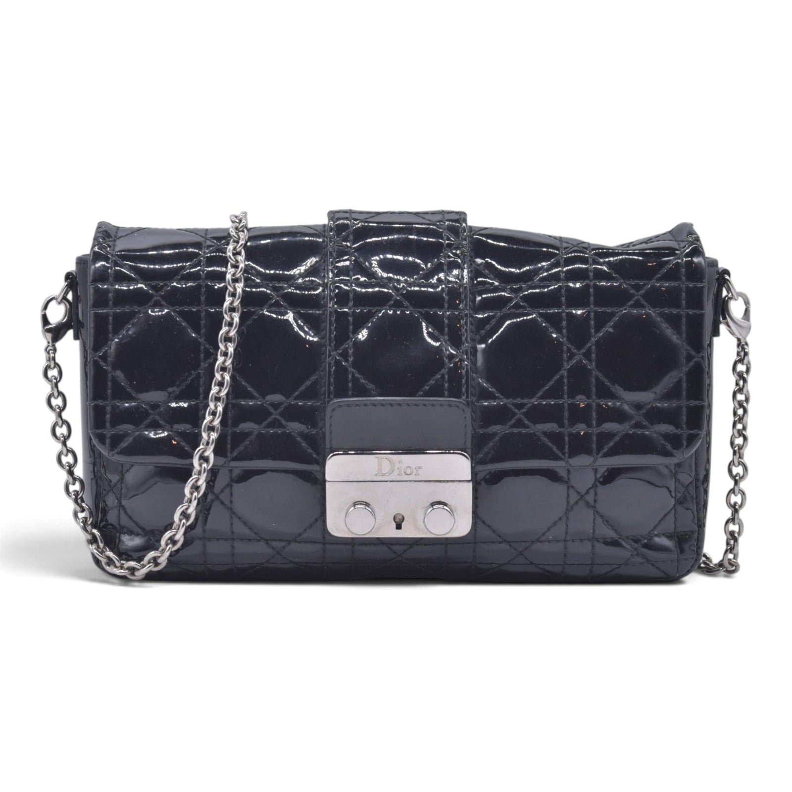 $2100 CHRISTIAN DIOR Cannage Patent Miss Dior Chain Shoulder Bag Black CONSIGNMENT 10021555