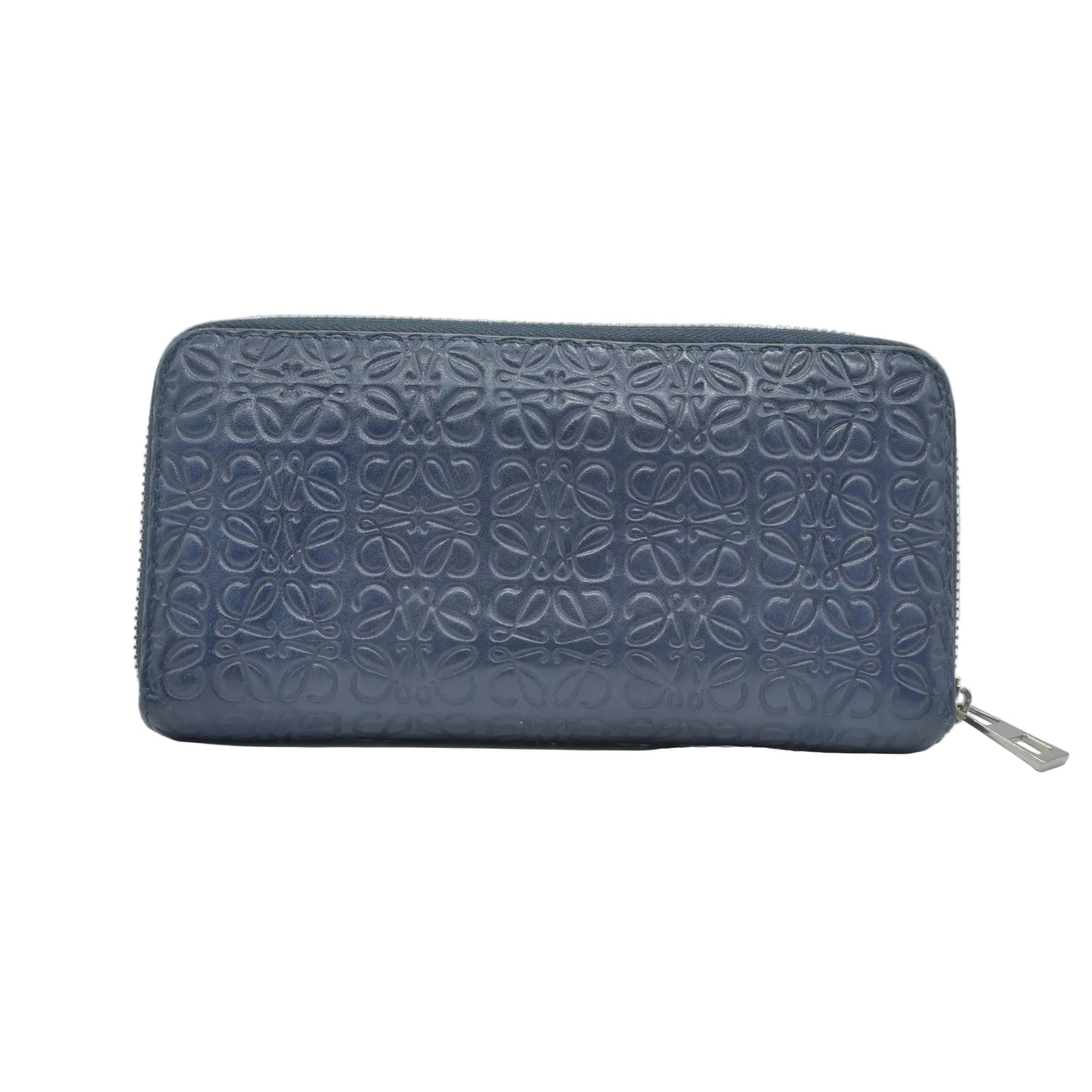 $990 Loewe Calfskin Embossed Repeat Medium Zip Wallet Blue CONSIGNMENT