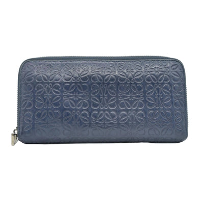 $990 Loewe Calfskin Embossed Repeat Medium Zip Wallet Blue CONSIGNMENT