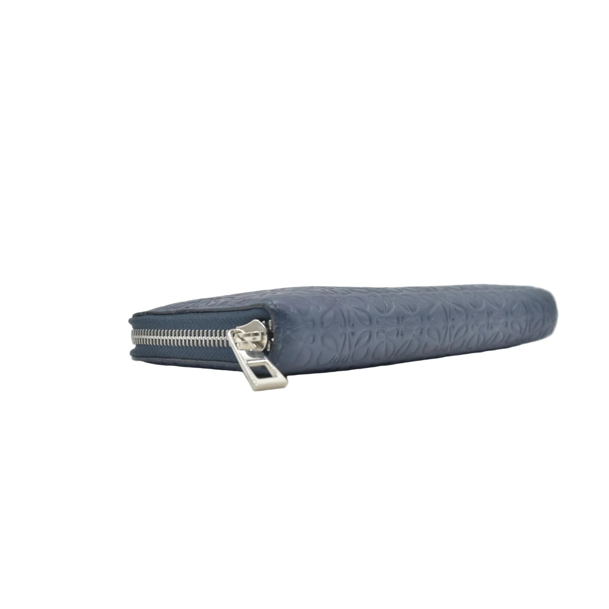 $990 Loewe Calfskin Embossed Repeat Medium Zip Wallet Blue CONSIGNMENT
