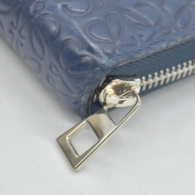 $990 Loewe Calfskin Embossed Repeat Medium Zip Wallet Blue CONSIGNMENT