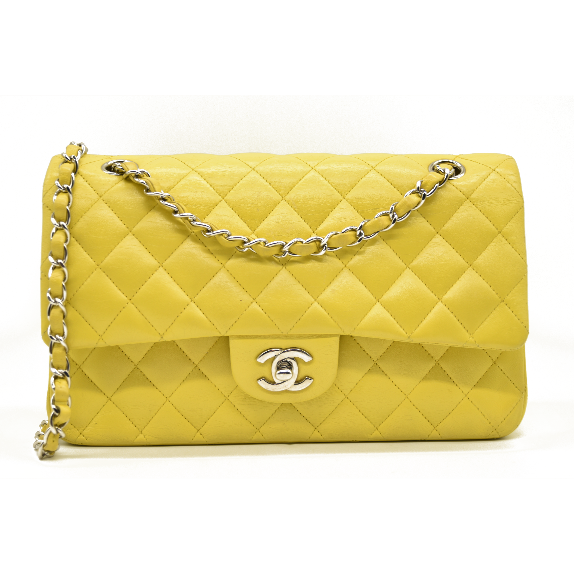 $11300 Chanel Lambskin Quilted Medium Double Flap Yellow CONSIGNMENT