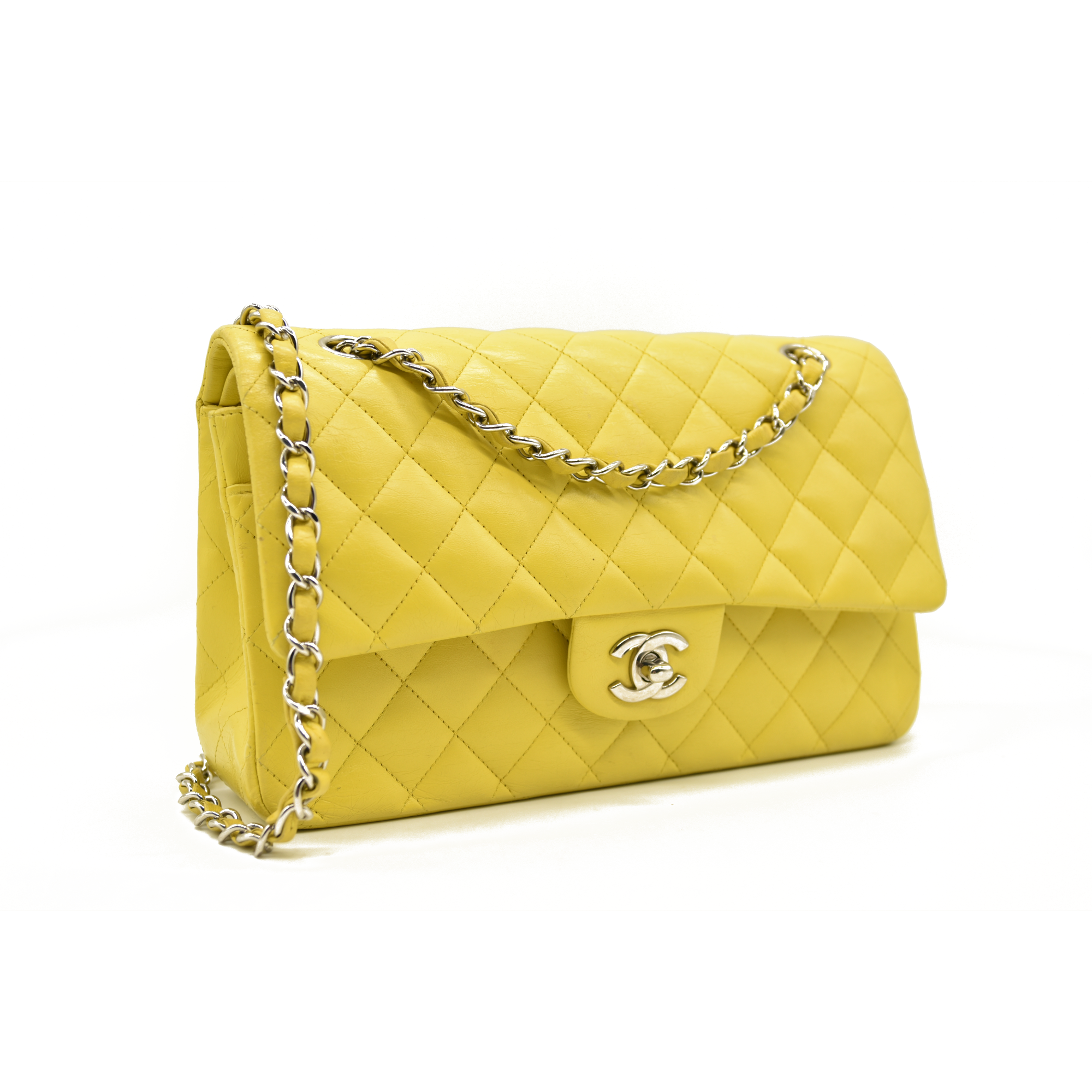 $11300 Chanel Lambskin Quilted Medium Double Flap Yellow CONSIGNMENT