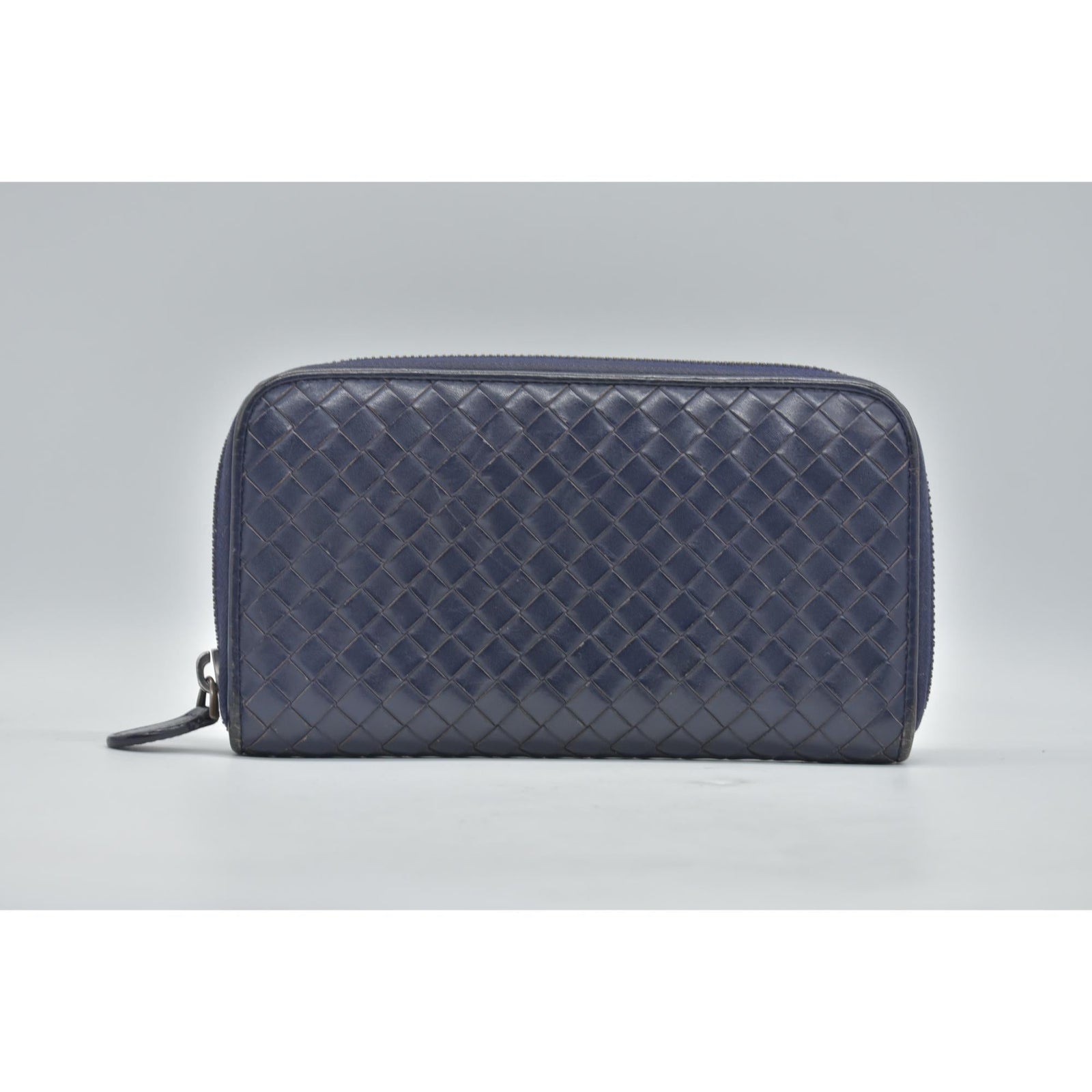 $1100 Bottega Veneta Nappa Intrecciato Zip Around Wallet Navy CONSIGNMENT