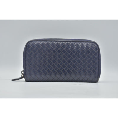 $1100 Bottega Veneta Nappa Intrecciato Zip Around Wallet Navy CONSIGNMENT