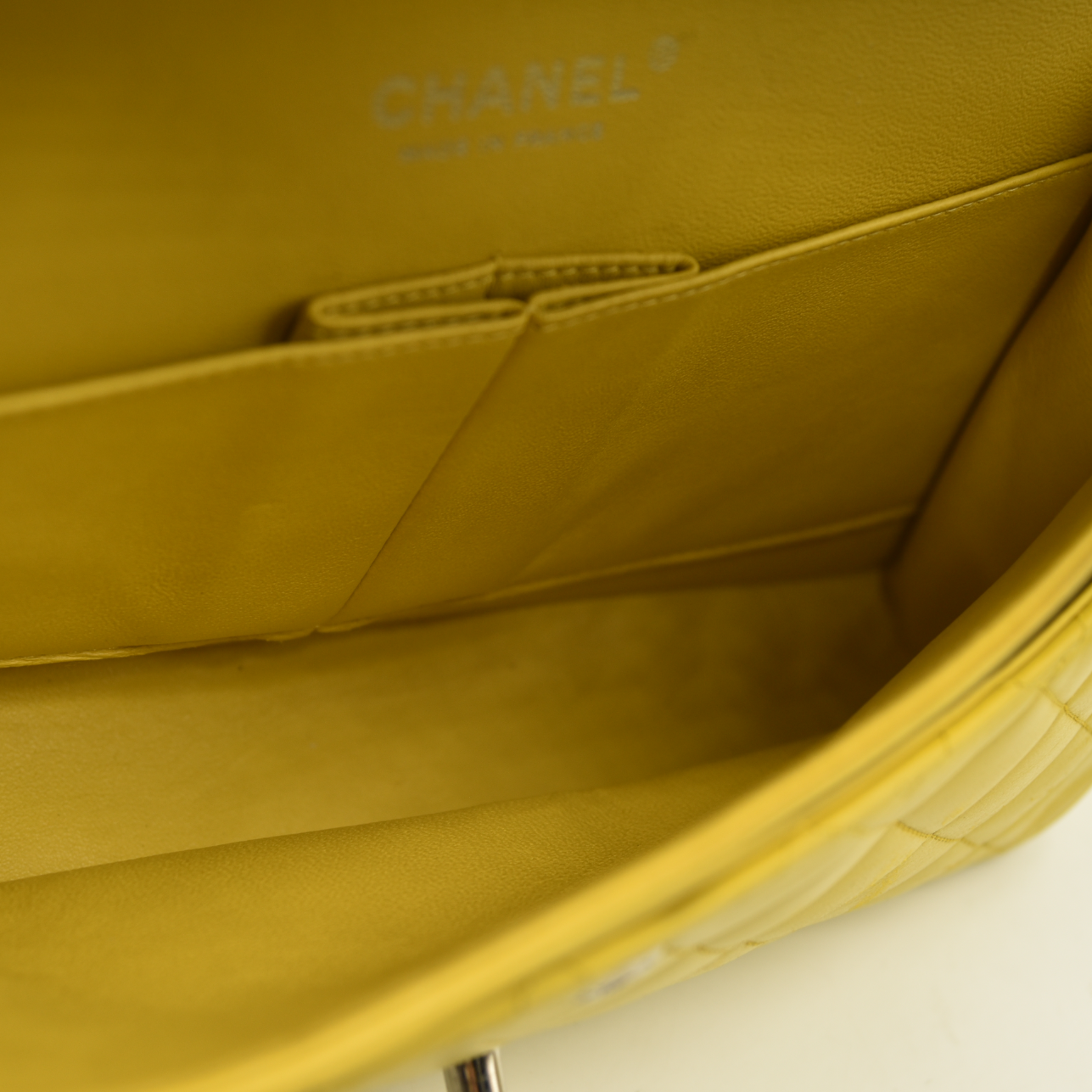 $11300 Chanel Lambskin Quilted Medium Double Flap Yellow CONSIGNMENT