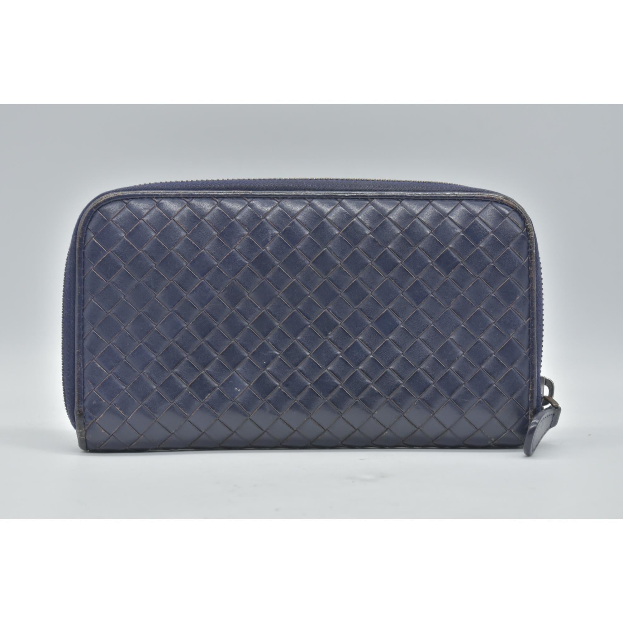 $1100 Bottega Veneta Nappa Intrecciato Zip Around Wallet Navy CONSIGNMENT