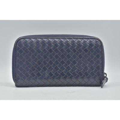 $1100 Bottega Veneta Nappa Intrecciato Zip Around Wallet Navy CONSIGNMENT