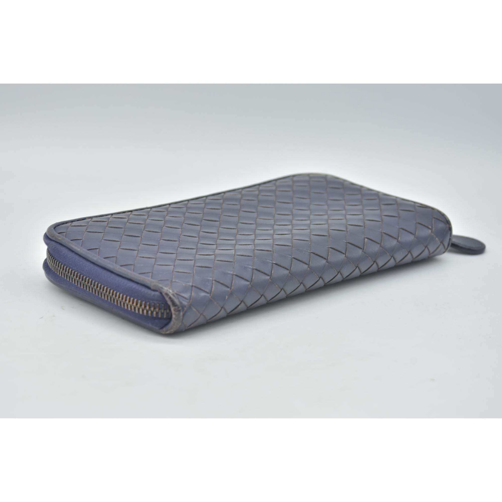 $1100 Bottega Veneta Nappa Intrecciato Zip Around Wallet Navy CONSIGNMENT