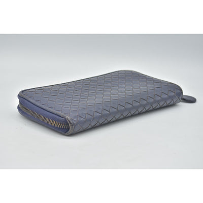 $1100 Bottega Veneta Nappa Intrecciato Zip Around Wallet Navy CONSIGNMENT