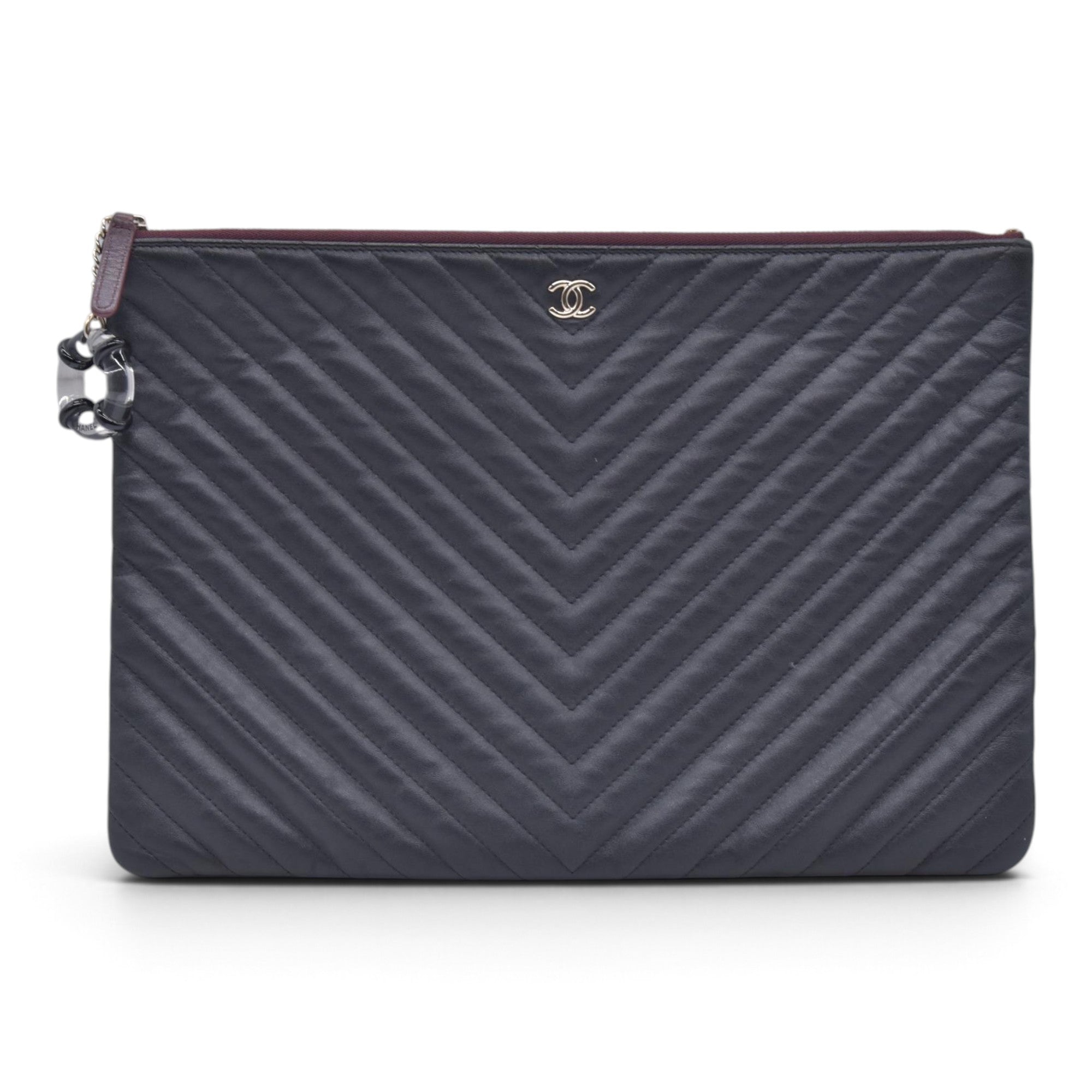 $1250 CHANEL Calfskin Chevron Quilted Large O-Case Clutch Pouch Dark Navy Charcoal CONSIGNMENT 10021554