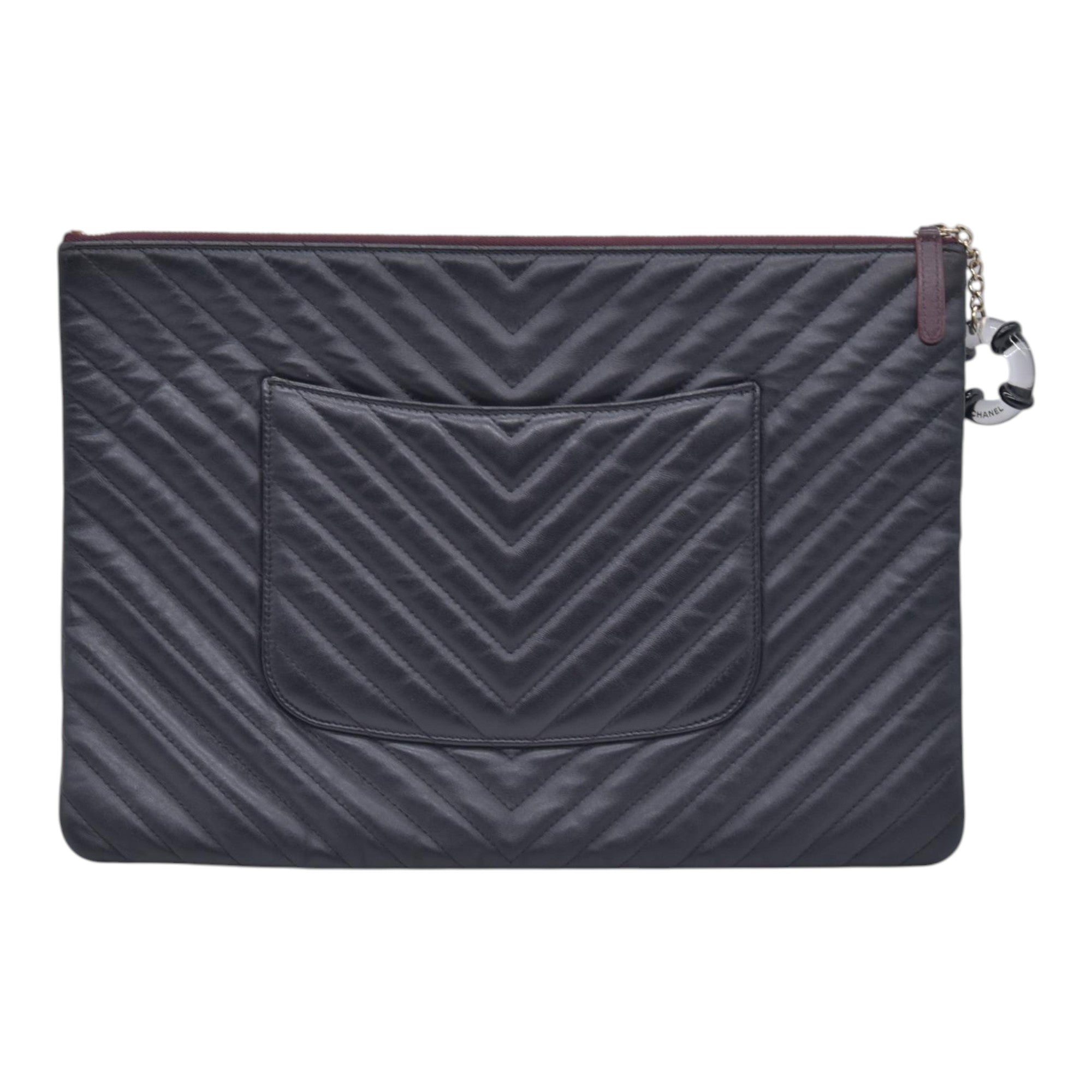 $1250 CHANEL Calfskin Chevron Quilted Large O-Case Clutch Pouch Dark Navy Charcoal CONSIGNMENT 10021554