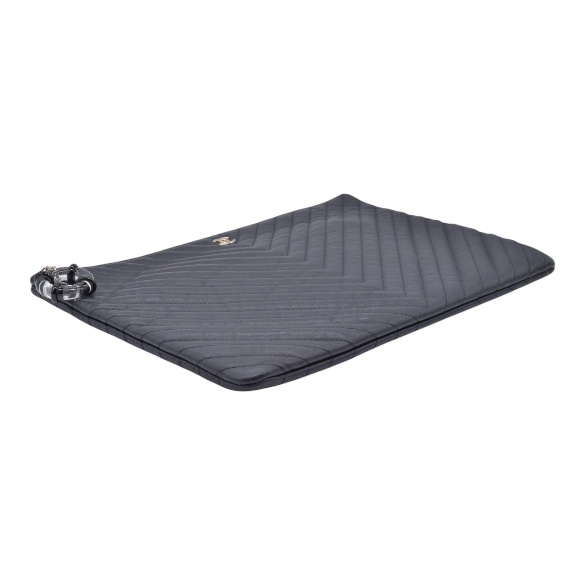 $1250 CHANEL Calfskin Chevron Quilted Large O-Case Clutch Pouch Dark Navy Charcoal CONSIGNMENT 10021554