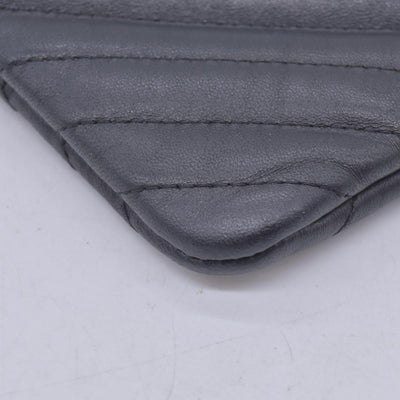 $1250 CHANEL Calfskin Chevron Quilted Large O-Case Clutch Pouch Dark Navy Charcoal CONSIGNMENT 10021554