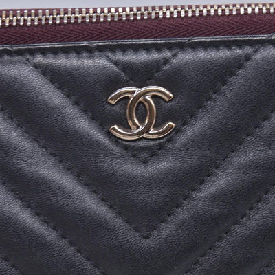 $1250 CHANEL Calfskin Chevron Quilted Large O-Case Clutch Pouch Dark Navy Charcoal CONSIGNMENT 10021554