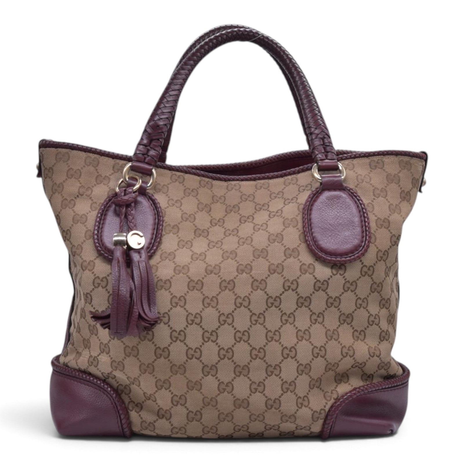$1250 GUCCI GG Canvas Medium Marcie Tassel Tote Bag Beige Burgundy CONSIGNMENT 10021551