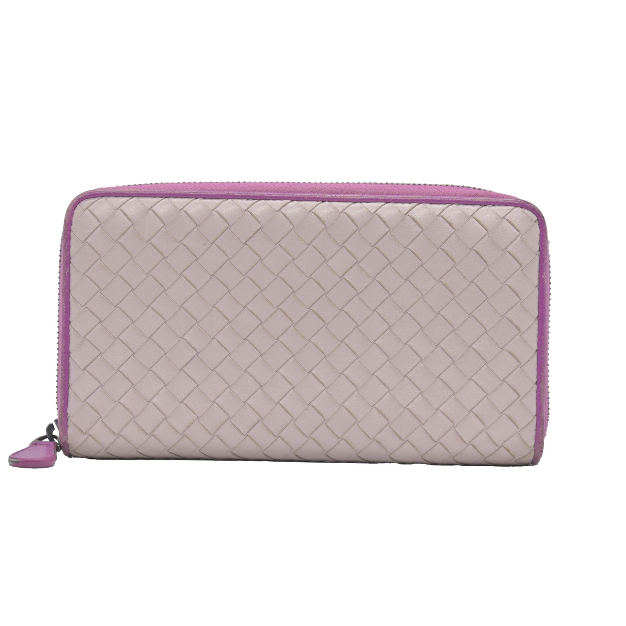 $760 Bottega Veneta Nappa Intrecciato Zip Around Wallet Bicolor Purple Pink CONSIGNMENT