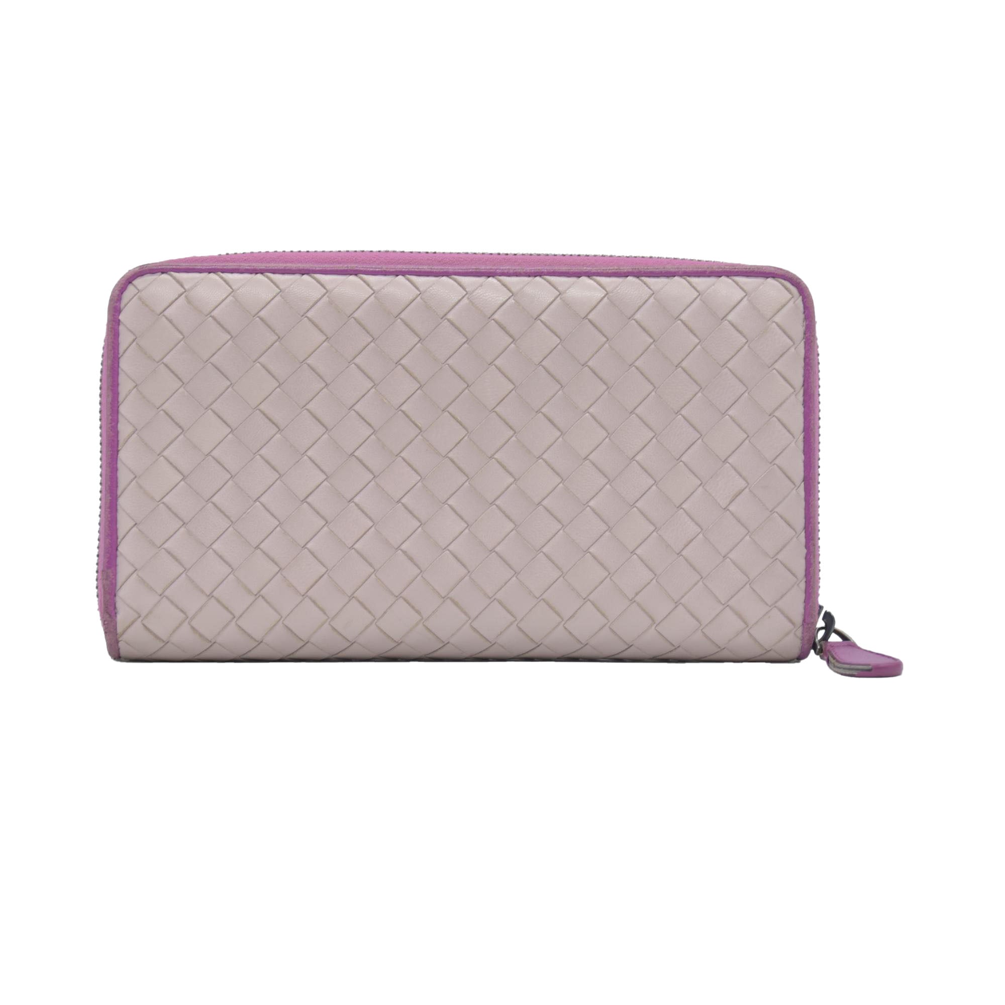 $760 Bottega Veneta Nappa Intrecciato Zip Around Wallet Bicolor Purple Pink CONSIGNMENT