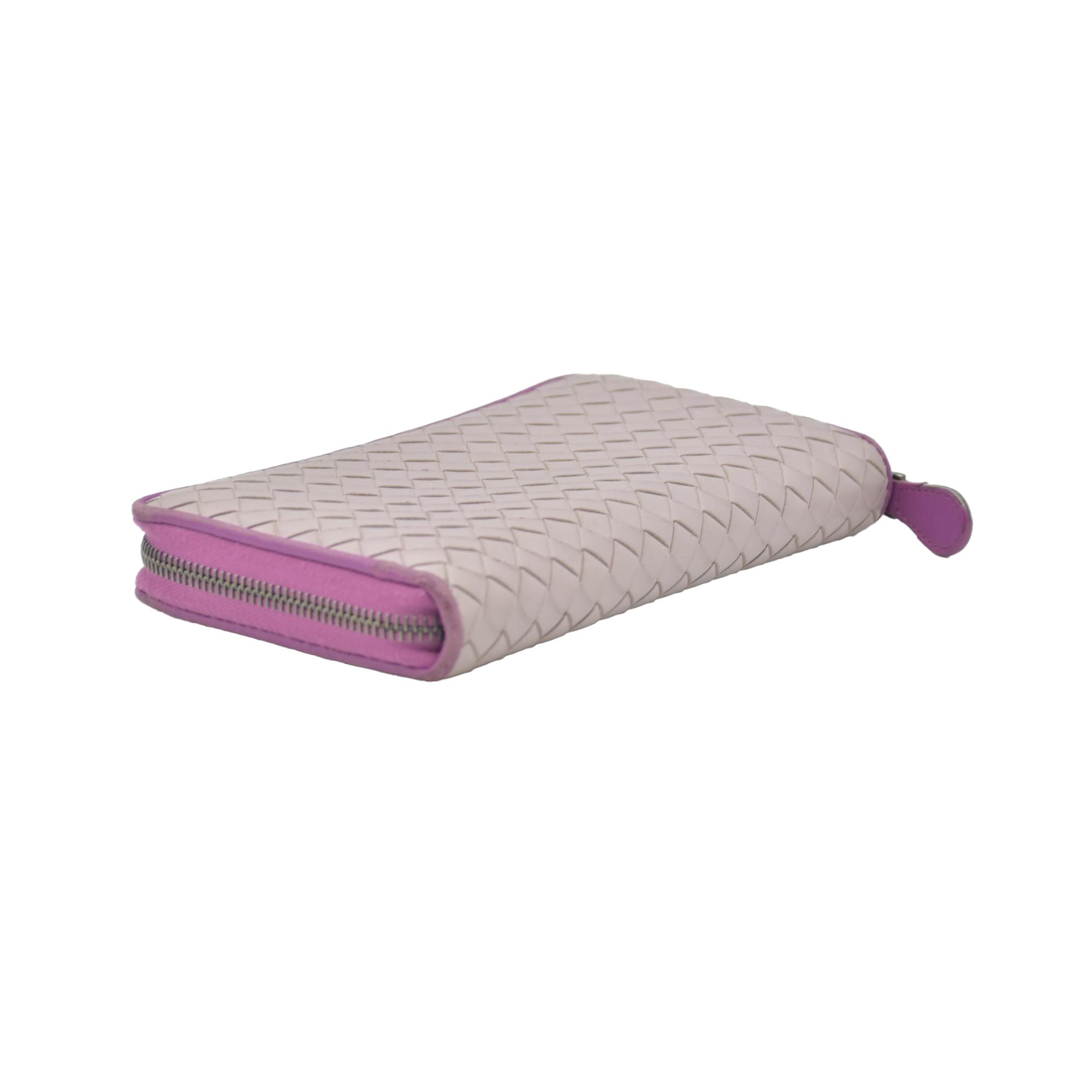 $760 Bottega Veneta Nappa Intrecciato Zip Around Wallet Bicolor Purple Pink CONSIGNMENT