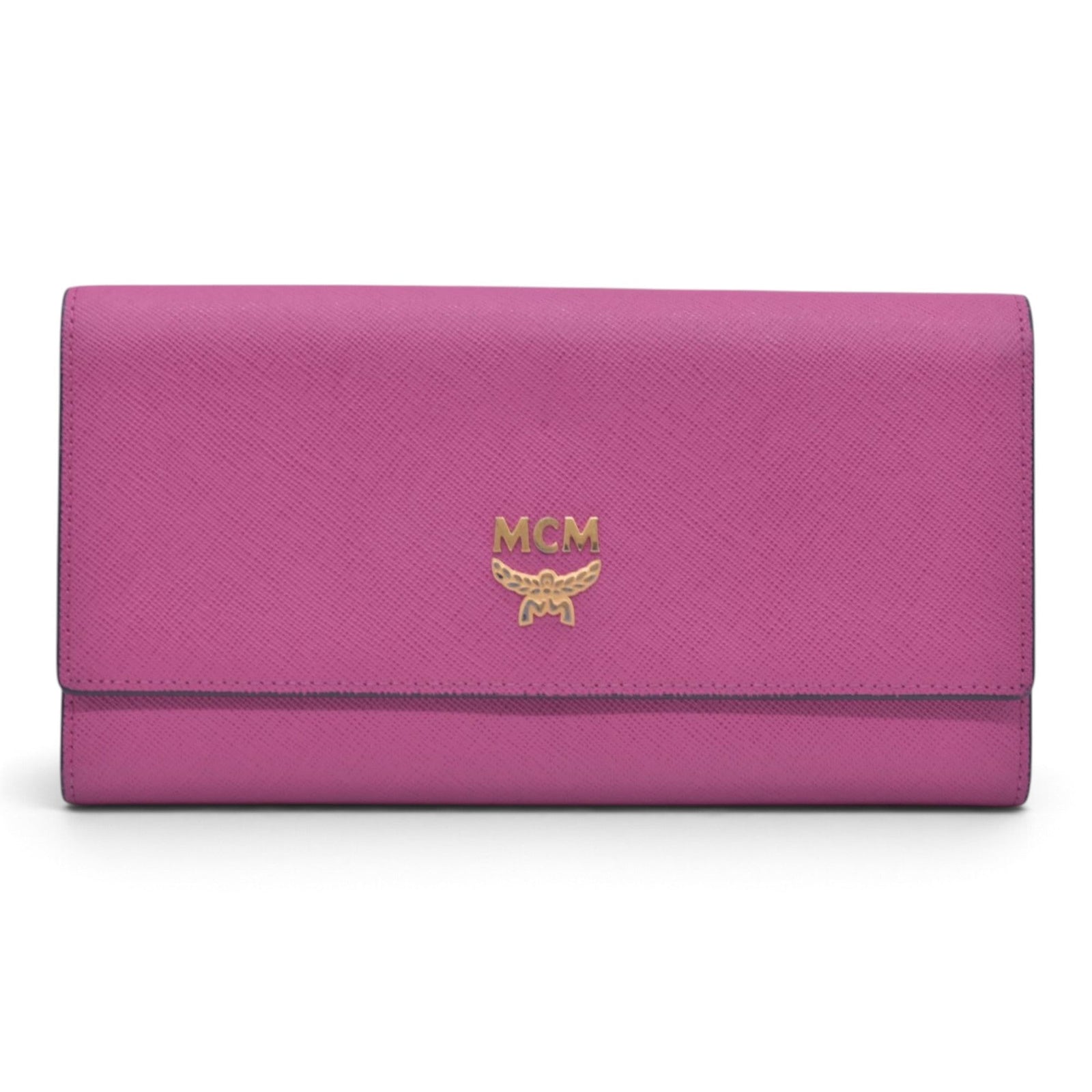 $380 MCM Saffiano Leather Logo Plaque Continental Flap Wallet Pink CONSIGNMENT 10021573