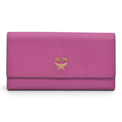 $380 MCM Saffiano Leather Logo Plaque Continental Flap Wallet Pink CONSIGNMENT 10021573