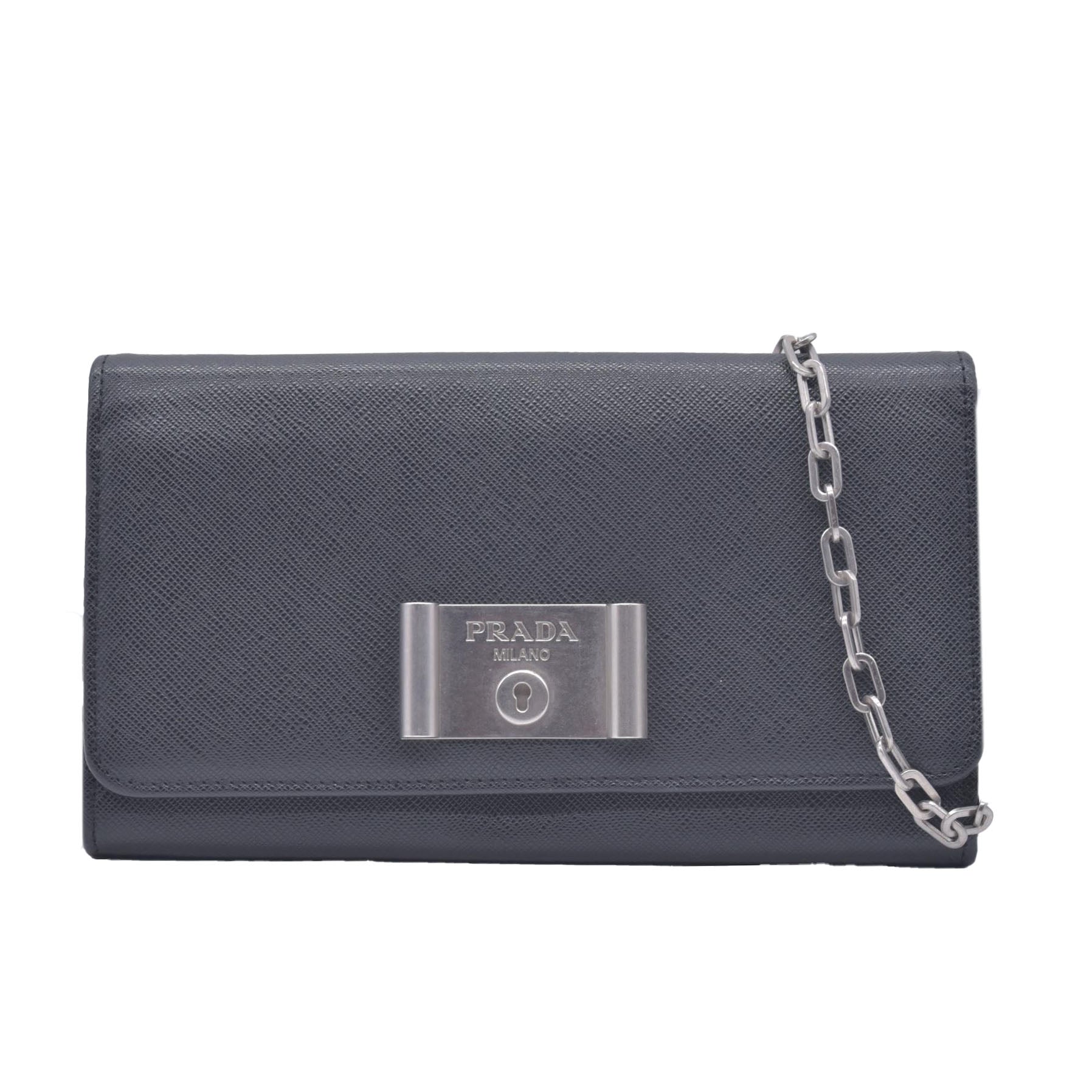 Prada Saffiano Lock Leather Flap Wallet on Chain CONSIGNMENT