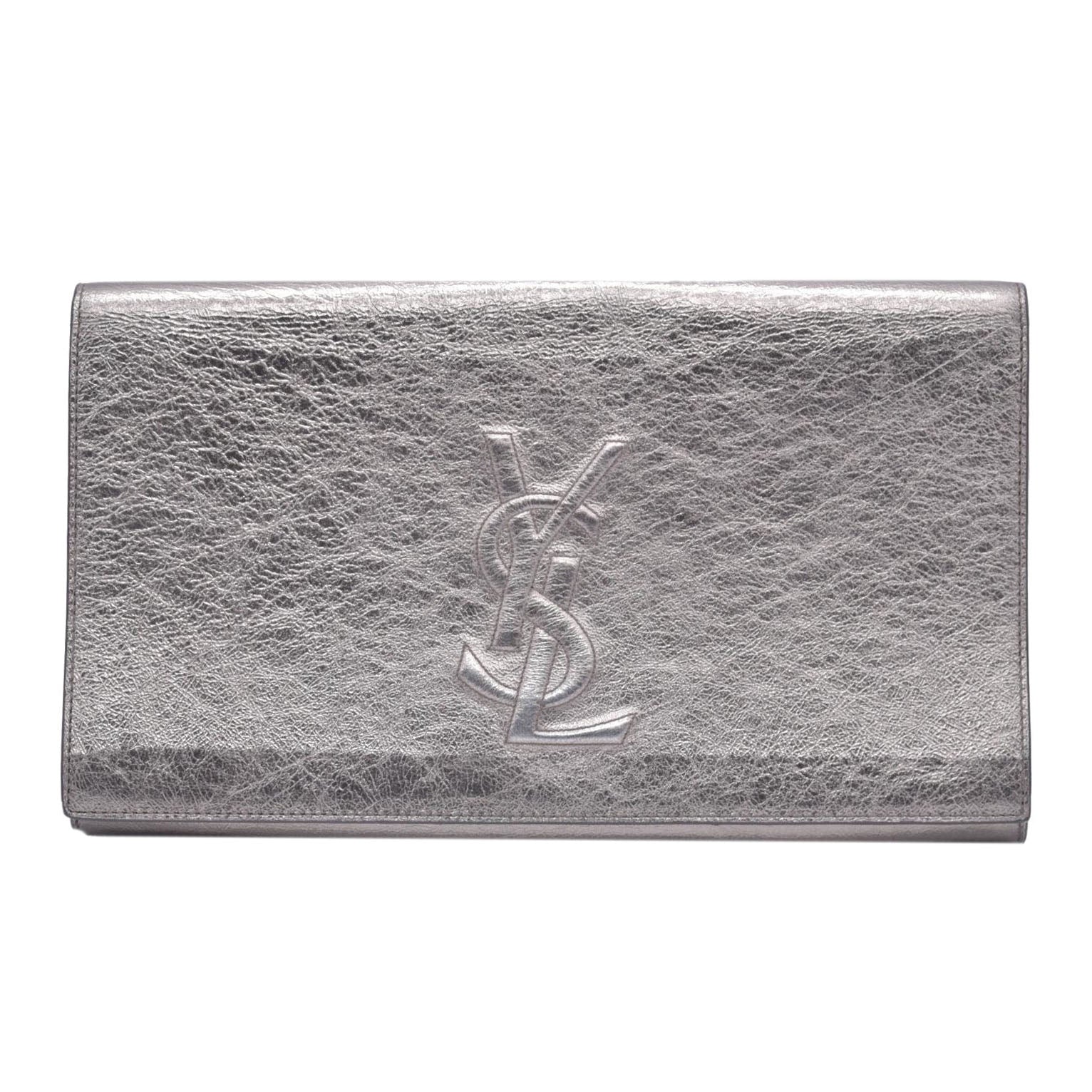Saint Laurent Metallic Leather Large Belle De Jour Clutch Silver CONSIGNMENT