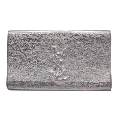 Saint Laurent Metallic Leather Large Belle De Jour Clutch Silver CONSIGNMENT