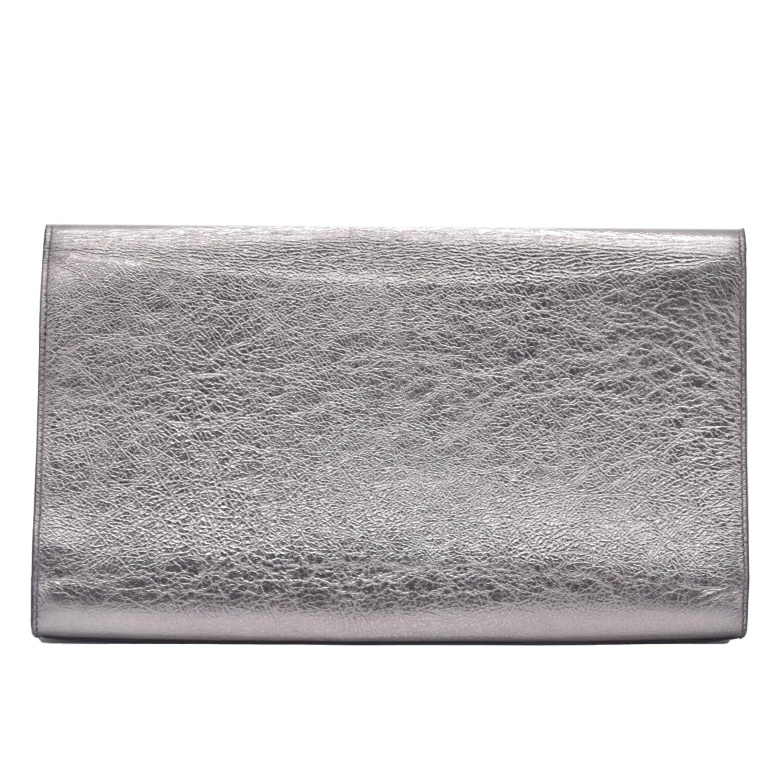 Saint Laurent Metallic Leather Large Belle De Jour Clutch Silver CONSIGNMENT