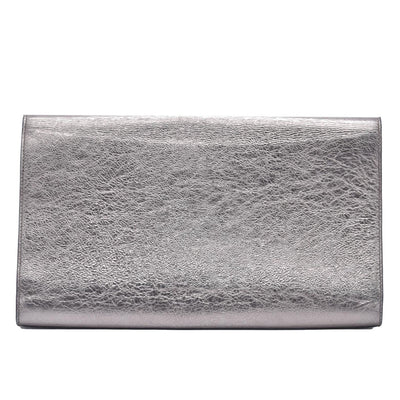 Saint Laurent Metallic Leather Large Belle De Jour Clutch Silver CONSIGNMENT