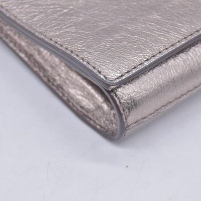 Saint Laurent Metallic Leather Large Belle De Jour Clutch Silver CONSIGNMENT