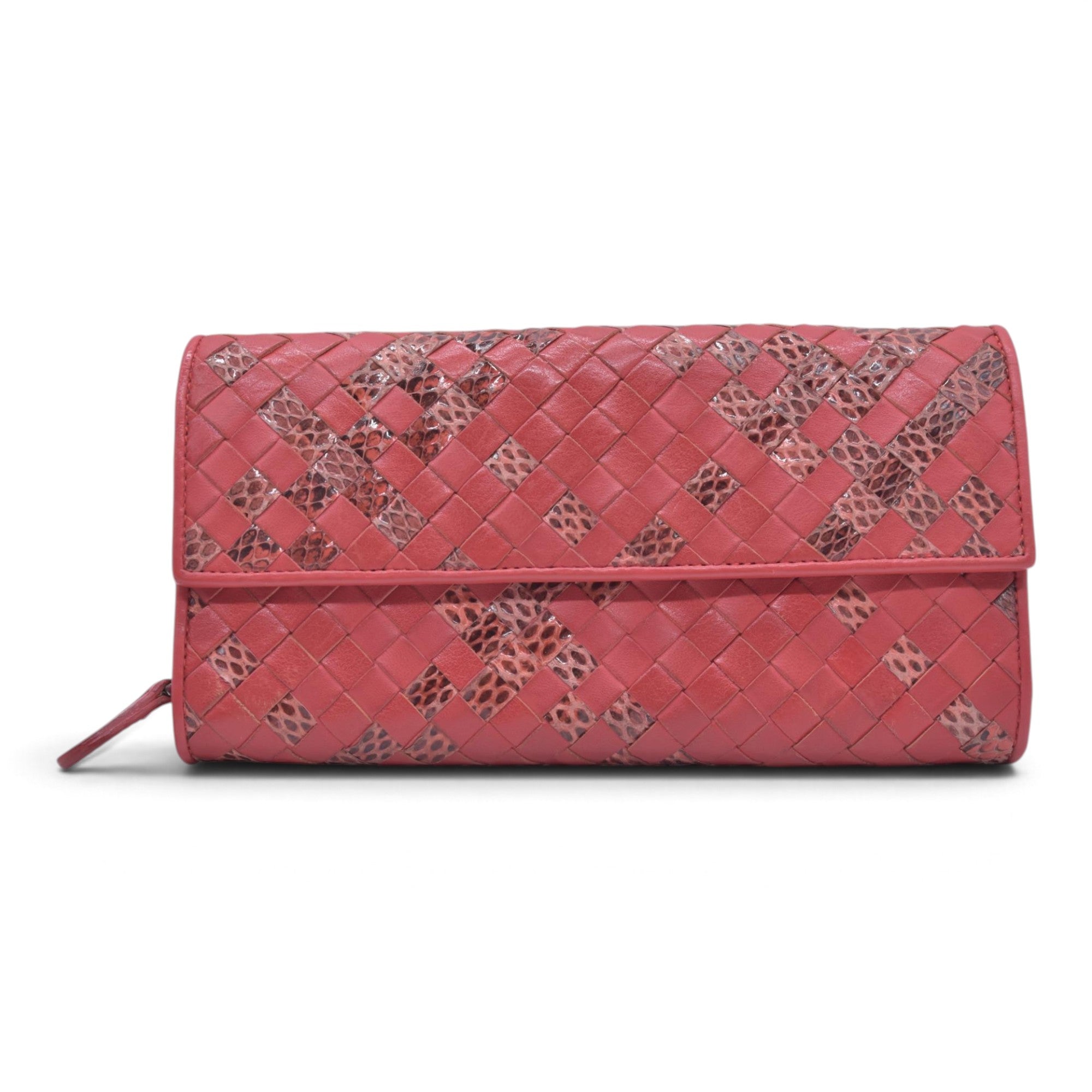 $820 BOTTEGA VENETA Nappa Intrecciato Snakeskin Continental Flap Wallet Coral PinkCONSIGNMENT 10021561