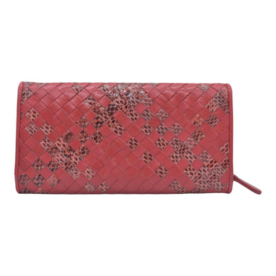 $820 BOTTEGA VENETA Nappa Intrecciato Snakeskin Continental Flap Wallet Coral PinkCONSIGNMENT 10021561
