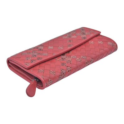 $820 BOTTEGA VENETA Nappa Intrecciato Snakeskin Continental Flap Wallet Coral PinkCONSIGNMENT 10021561