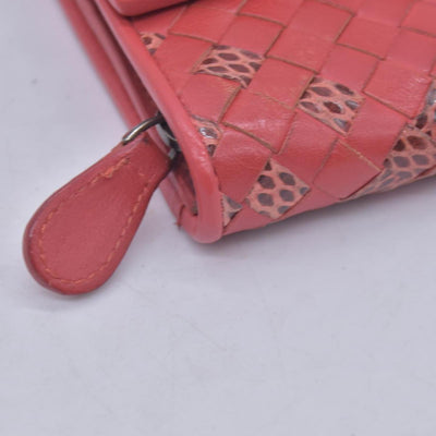 $820 BOTTEGA VENETA Nappa Intrecciato Snakeskin Continental Flap Wallet Coral PinkCONSIGNMENT 10021561