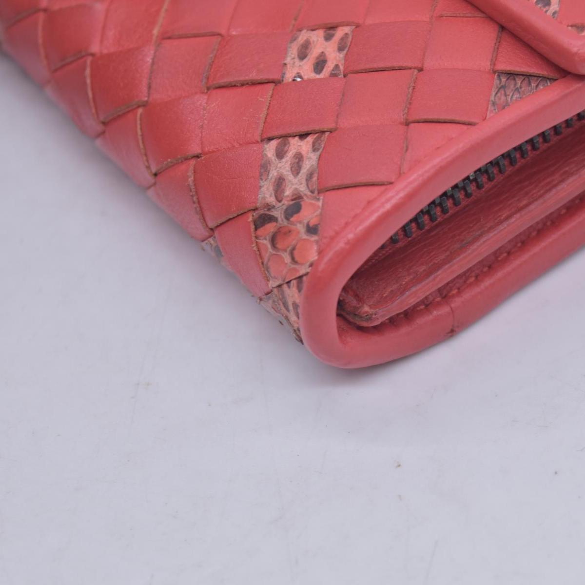 $820 BOTTEGA VENETA Nappa Intrecciato Snakeskin Continental Flap Wallet Coral PinkCONSIGNMENT 10021561
