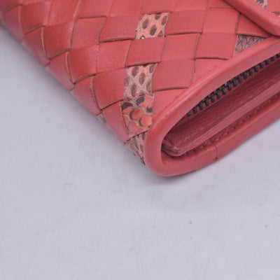 $820 BOTTEGA VENETA Nappa Intrecciato Snakeskin Continental Flap Wallet Coral PinkCONSIGNMENT 10021561