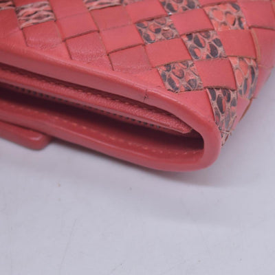 $820 BOTTEGA VENETA Nappa Intrecciato Snakeskin Continental Flap Wallet Coral PinkCONSIGNMENT 10021561