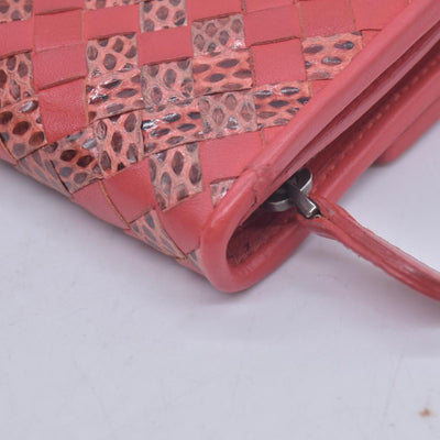 $820 BOTTEGA VENETA Nappa Intrecciato Snakeskin Continental Flap Wallet Coral PinkCONSIGNMENT 10021561
