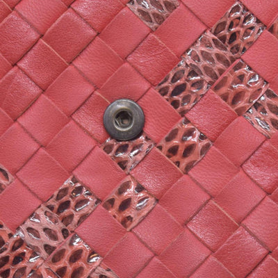 $820 BOTTEGA VENETA Nappa Intrecciato Snakeskin Continental Flap Wallet Coral PinkCONSIGNMENT 10021561