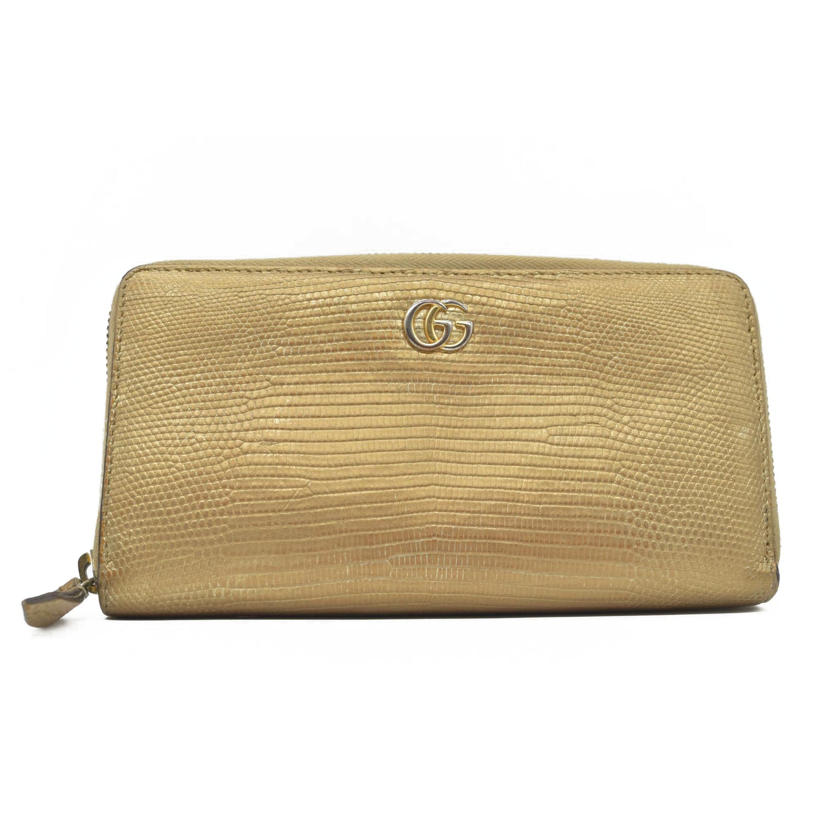 $830 Gucci GG Marmont Snake-Effect Leather Zip Around Wallet Gold