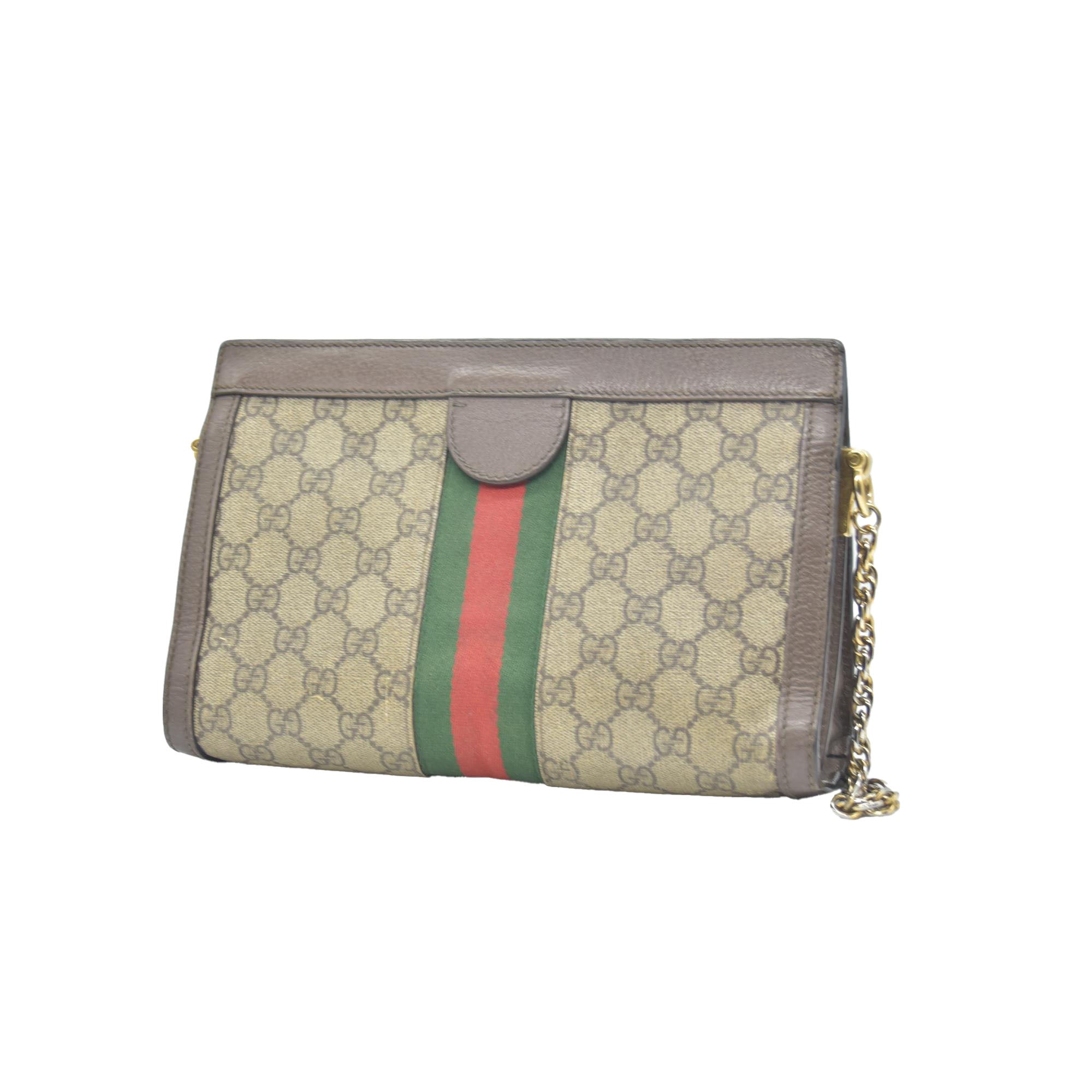 $2050 CONSIGNMENT GUCCI GG Supreme Monogram Web Small Ophidia Chain Shoulder Bag Brown