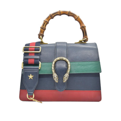 $3500 CONSIGNMENT GUCCI Moon Calfskin Web Medium Dionysus Bamboo Top Handle Bag Blue Emerald Hibiscus Red