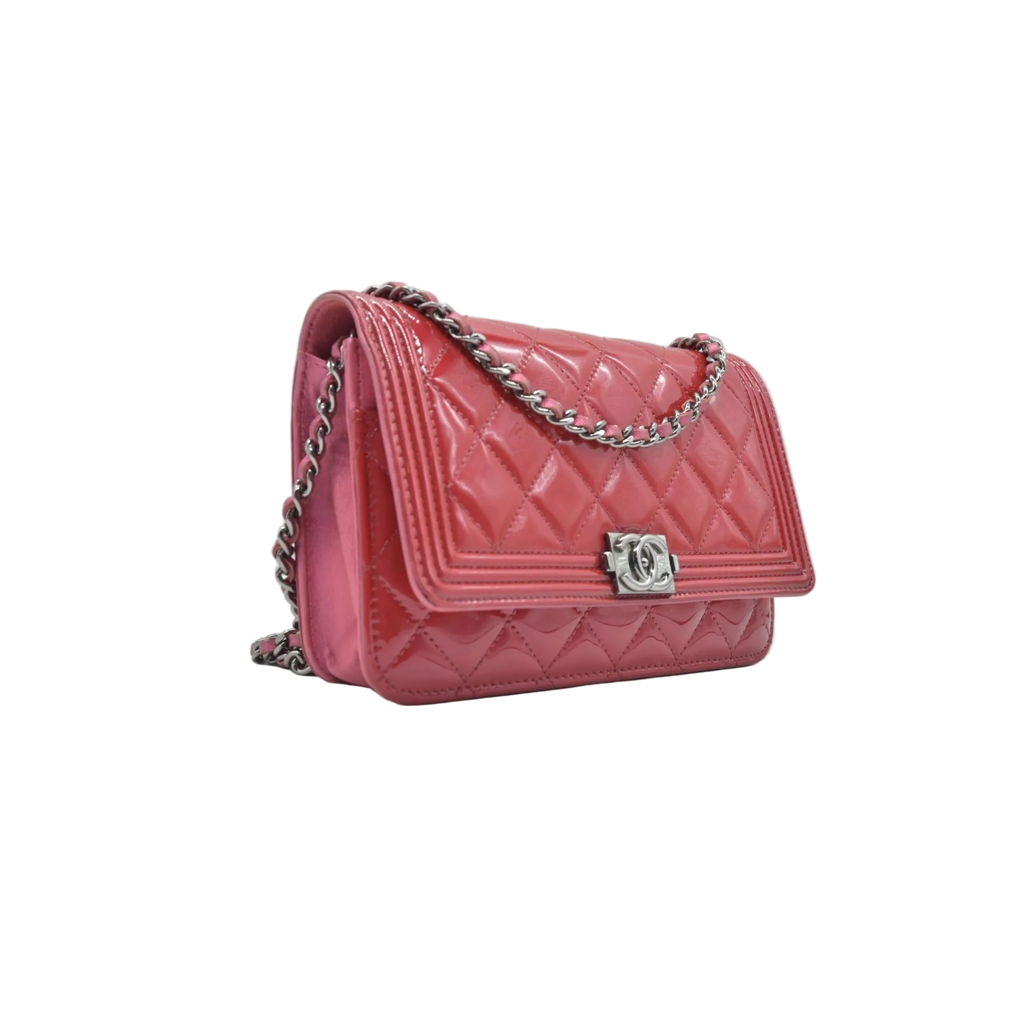 $3350 Chanel Patent Calfskin Quilted Boy Wallet On Chain WOC Fuchsia