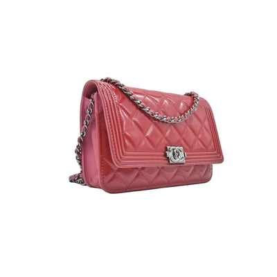 $3350 Chanel Patent Calfskin Quilted Boy Wallet On Chain WOC Fuchsia