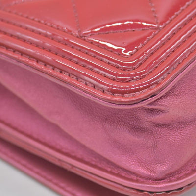 $3350 Chanel Patent Calfskin Quilted Boy Wallet On Chain WOC Fuchsia
