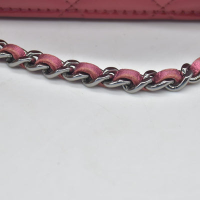 $3350 Chanel Patent Calfskin Quilted Boy Wallet On Chain WOC Fuchsia