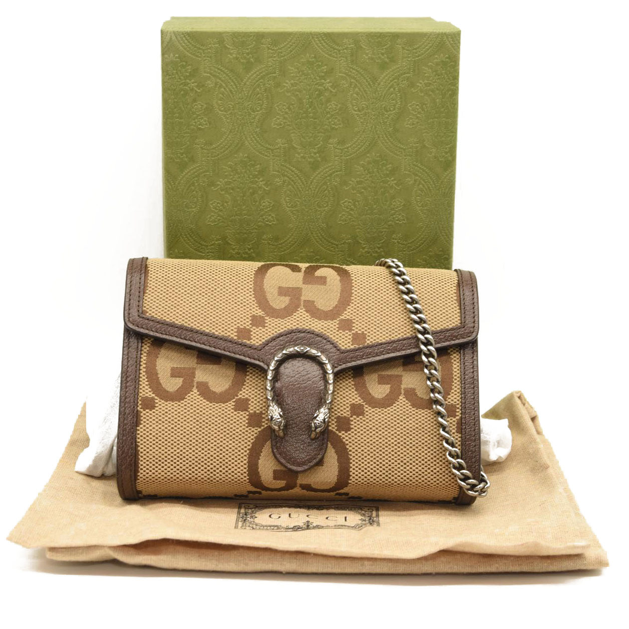 GUCCI Monogram Jumbo GG Textured Dollar Calfskin Mini Dionysus Chain Wallet Camel Ebony New Acero