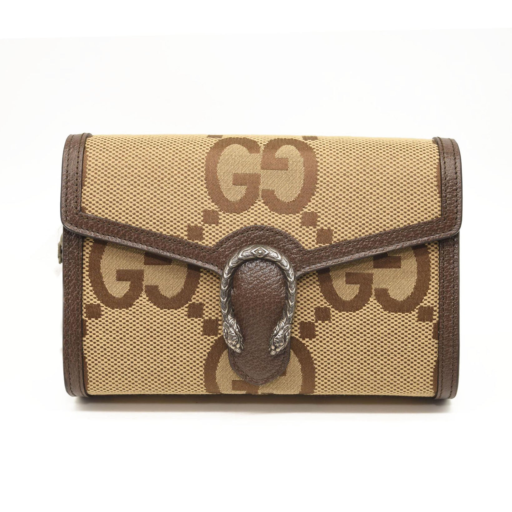 GUCCI Monogram Jumbo GG Textured Dollar Calfskin Mini Dionysus Chain Wallet Camel Ebony New Acero